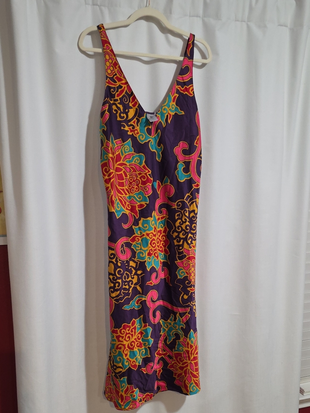 Natori Purple Floral Slip Midi Dress with Pink & Teal Accents